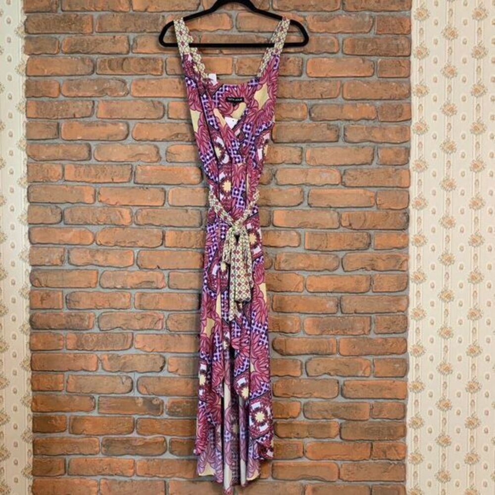 Tata Jolie Floral Dress Geometric Print Hi-Low Maxi Long Vibrant Summer Boho‎ XL
